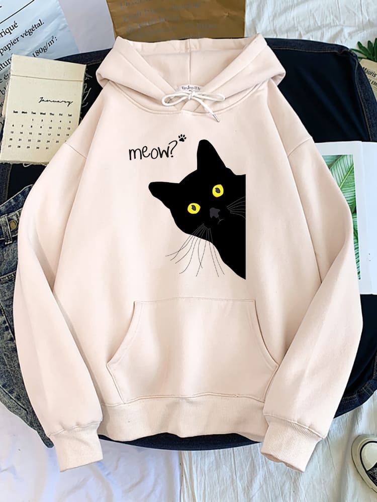 Meow Black Cat Print Hoodie